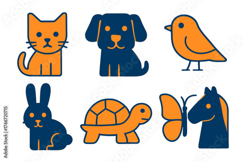 Set of simple graphic symbols featuring domestic and wild animals in a modern flat style