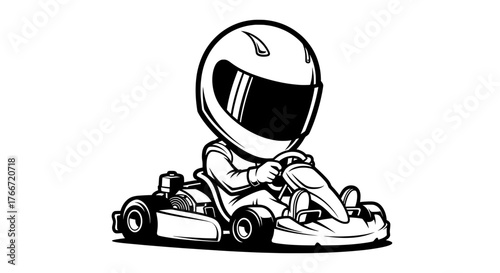 Go Kart Logo Style Vector, Rider Oversized Helmet Caricature