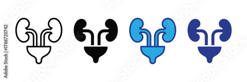 Urinary system icon set showing kidneys, ureters, and bladder in outline, solid black, blue, and dark blue isolated on white background