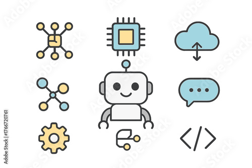 Set of modern technology icons featuring a friendly robot, cloud computing, data networking, and coding symbols