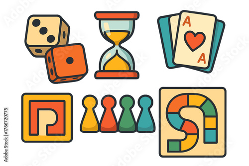 Colorful collection of tabletop game components including dice, hourglass, playing cards, and pawns