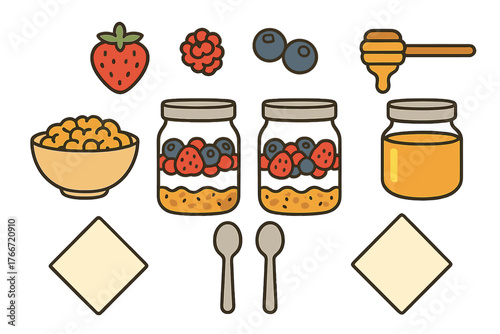 Healthy breakfast ingredients assortment with granola, fresh berries, honey, and parfait jars