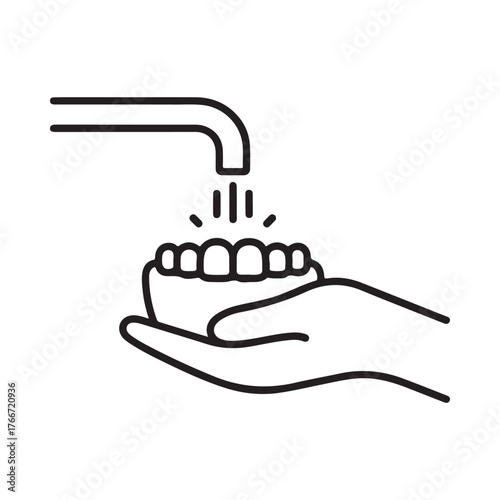 Line art icon of washing teeth in hand under running water from faucet