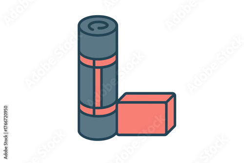 Rolled yoga mat and rectangular foam block for fitness and stretching