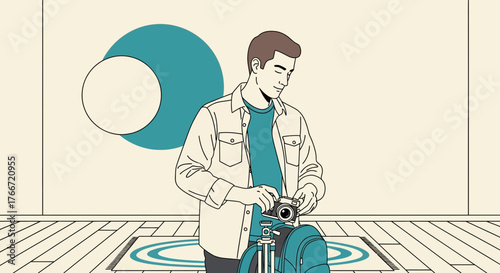 A man preparing to take a photo with a camera on a trip with a vintage style