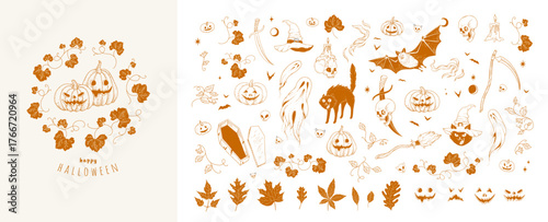 Happy halloween collection of hand drawn doodle and stickers. Big set of spooky and magic elements pumpkins and skull, ghosts and cute cat