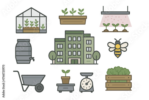 Urban farming and sustainable agriculture concepts featuring greenhouse, gardening tools, and city elements