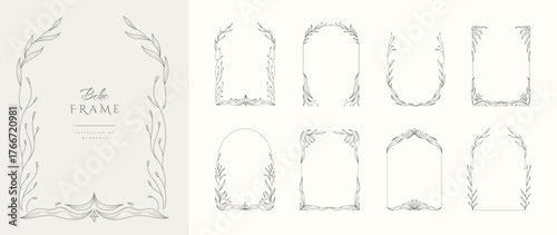 Retro floral frame or cover. Botanic design elements in wavy and naive style. Boho leaves branches and blooming print for poster, social media and packaging or greeting card