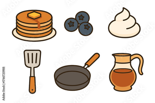 Stack of pancakes with butter, syrup, fresh blueberries, whipped cream, and cooking utensils
