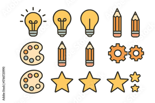 Creative process and rating symbols featuring light bulbs, pencils, palettes, gears, and stars