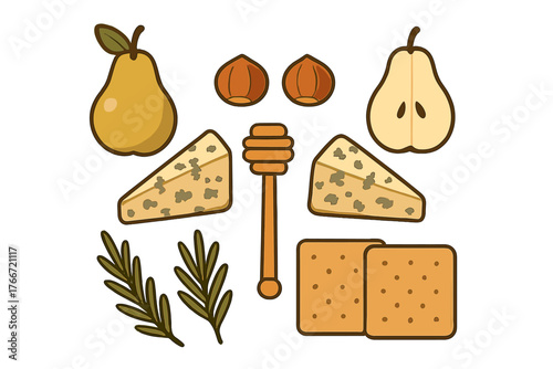 Gourmet cheese board components set with blue cheese, fresh pears, hazelnuts, honey dipper, and savory crackers
