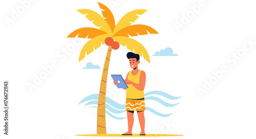 A man using a tablet on the beach under a palm tree in a summer vacation setting
