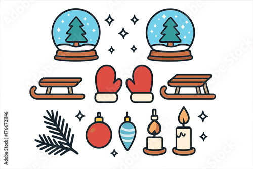 Collection of winter holiday icons including snow globes, wooden sleds, red mittens, and burning candles