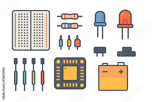 Essential electronic components kit including breadboard resistors and LEDs for circuit building