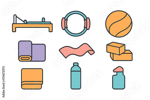 Essential fitness and Pilates equipment featuring reformer, stability ball, yoga mat, and accessories