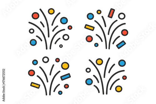 Abstract bursts of colorful party confetti and streamers depicted in a simple outline style