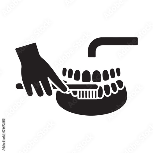 Hand brushing teeth with toothbrush and water faucet icon