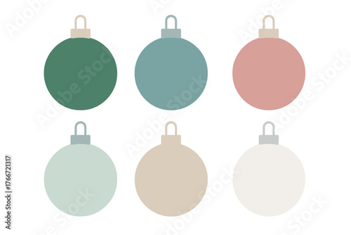 Collection of six minimalist Christmas baubles in muted pastel colors for holiday decoration