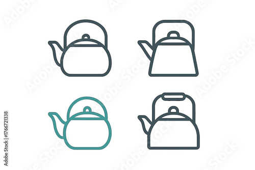 Set of four outline drawings of traditional stovetop kettles for boiling water