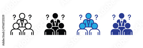 Team confusion icon with question marks above people, representing uncertainty, doubt, or a lack of clarity in a group setting