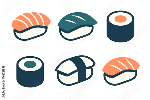 Minimalist set of six traditional Japanese sushi and maki roll pieces including nigiri