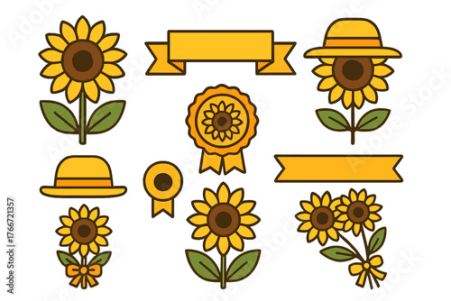 Bright yellow sunflower blooms and decorative ribbon elements set for summer projects