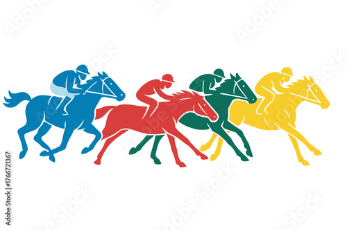 Four colorful racehorses and jockeys galloping at high speed in a competitive race