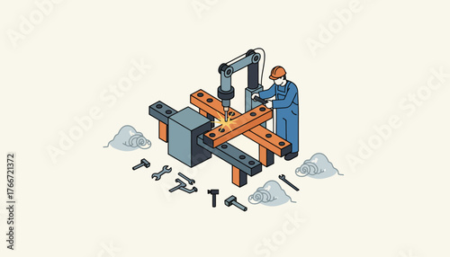 Engineer and robotic arm integrating metal beams, working together on a manufacturing line, symbolizing industrial automation, teamwork, and modern production processes