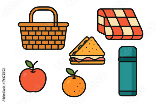 Colorful set of picnic items including wicker basket checkered blanket sandwich and fresh fruit