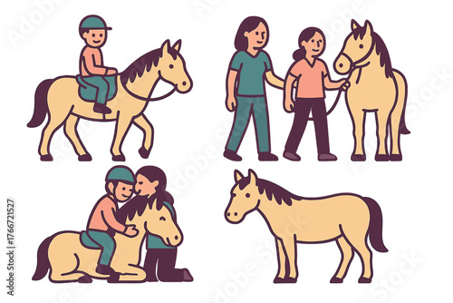 People riding, leading, and caring for horses in various poses and interactions
