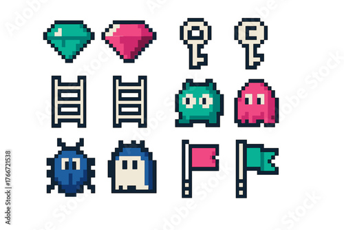 Colorful retro pixelated game assets featuring gems, keys, ladders, flags, and enemy sprites