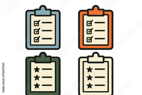 Colorful clipboards displaying checklist, star rating, and task management forms
