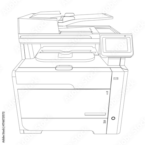 Printer line art featuring a sleek modern design, multifunctional print-scan-copy-fax capabilities, and a control panel with large LCD display.