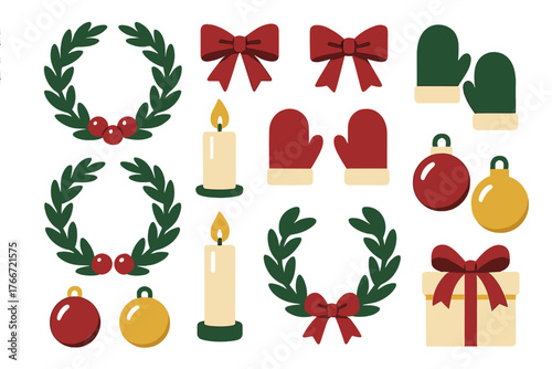 Festive Christmas and winter holiday elements collection with wreaths, bows, candles, and mittens