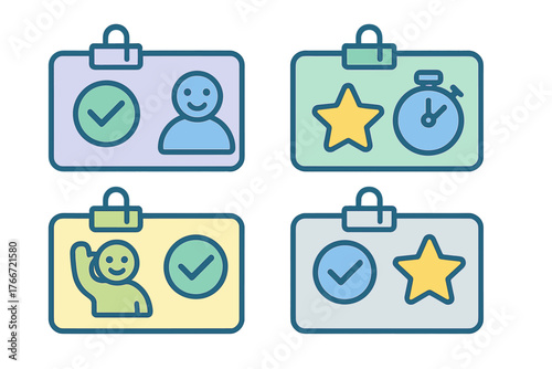 Colorful identification badges for access, achievement, verification, and time tracking