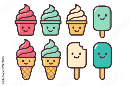 Cute smiling ice cream cones sundaes and popsicles in bright pastel colors