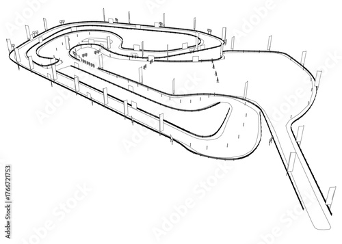 A black and white contour drawing of a winding race track filled with drifting cars. Several poles line the sides of the circuit against a plain white background.