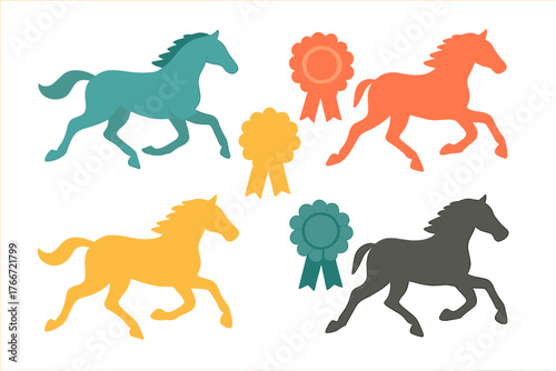 Colorful running horses and rosette ribbons set for equestrian competition awards