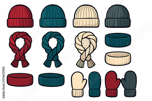 Assortment of cozy knitted winter headwear, neckwear, and hand protection in different colors
