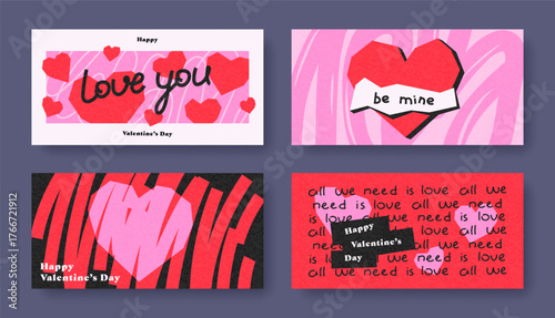 Modern horizontal backgrounds set of Valentines Day and Love. Abstract concept for celebration with hearts, lines, lettering, texture. Grunge trendy design for print, card, poster, banner, advertising