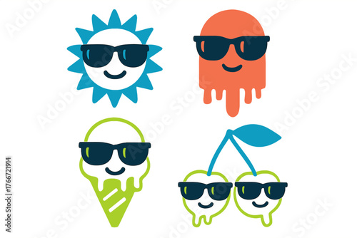 Melting sun, ice cream, popsicle, and cherries characters wearing sunglasses