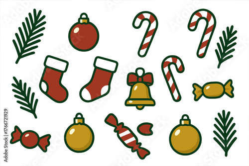 Festive Christmas holiday icons set featuring candy canes, stockings, ornaments, and pine branches