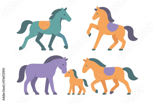 Colorful stylized horses and ponies set in various poses isolated on white