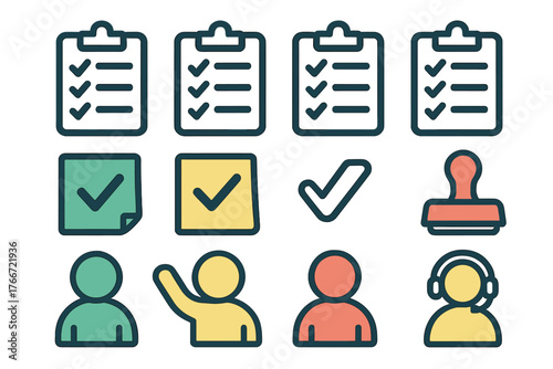 Essential business and user interface icons set featuring checklist, approval, and user avatars
