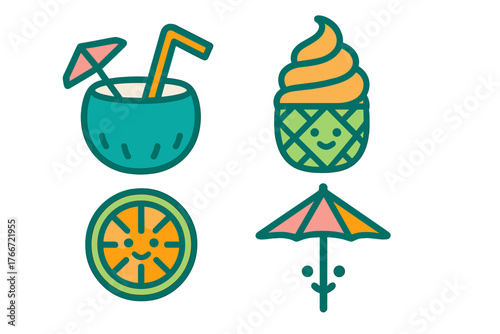 Tropical summer icons set featuring coconut drink pineapple ice cream and citrus slice