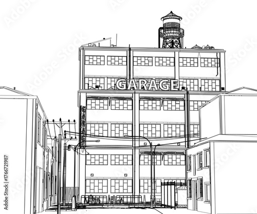 An abandoned factory building with a clock tower stands in stark black and white contour drawing. Surrounding poles, wires, and details are highlighted against a plain white background.