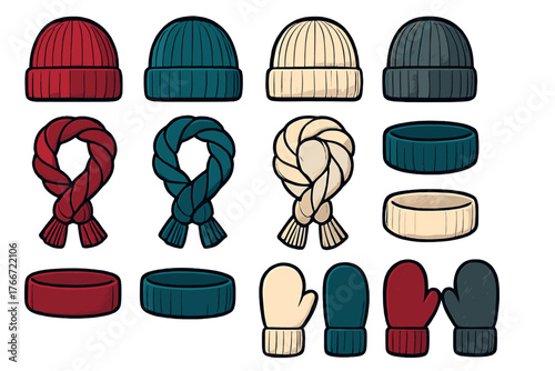 Colorful set of knitted winter accessories: beanies, scarves, neck gaiters, and mittens