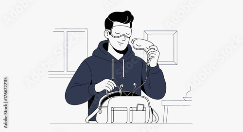 A Person Preparing For Relaxation With Eye Mask Sleeping And Headphones Illustration