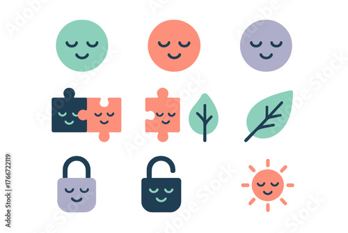 Set of abstract icons representing mental health, security, nature, and connection with peaceful smiling faces