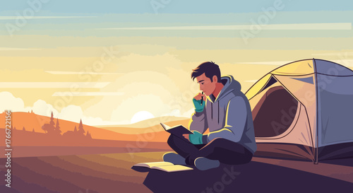 A Person Reads An Open Book While Camping During Sundown With a Tent Nearby